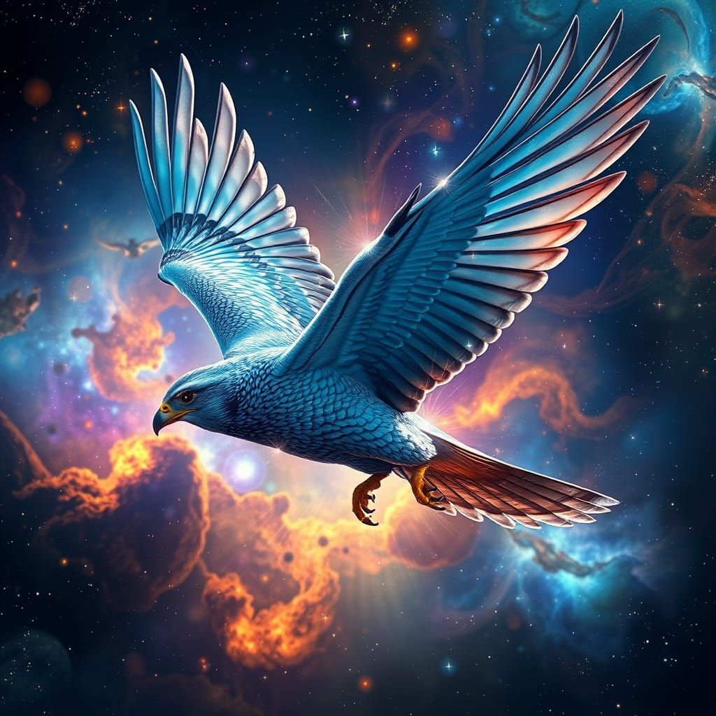Metallic Falcon Soaring Through Nebula as Digital Art