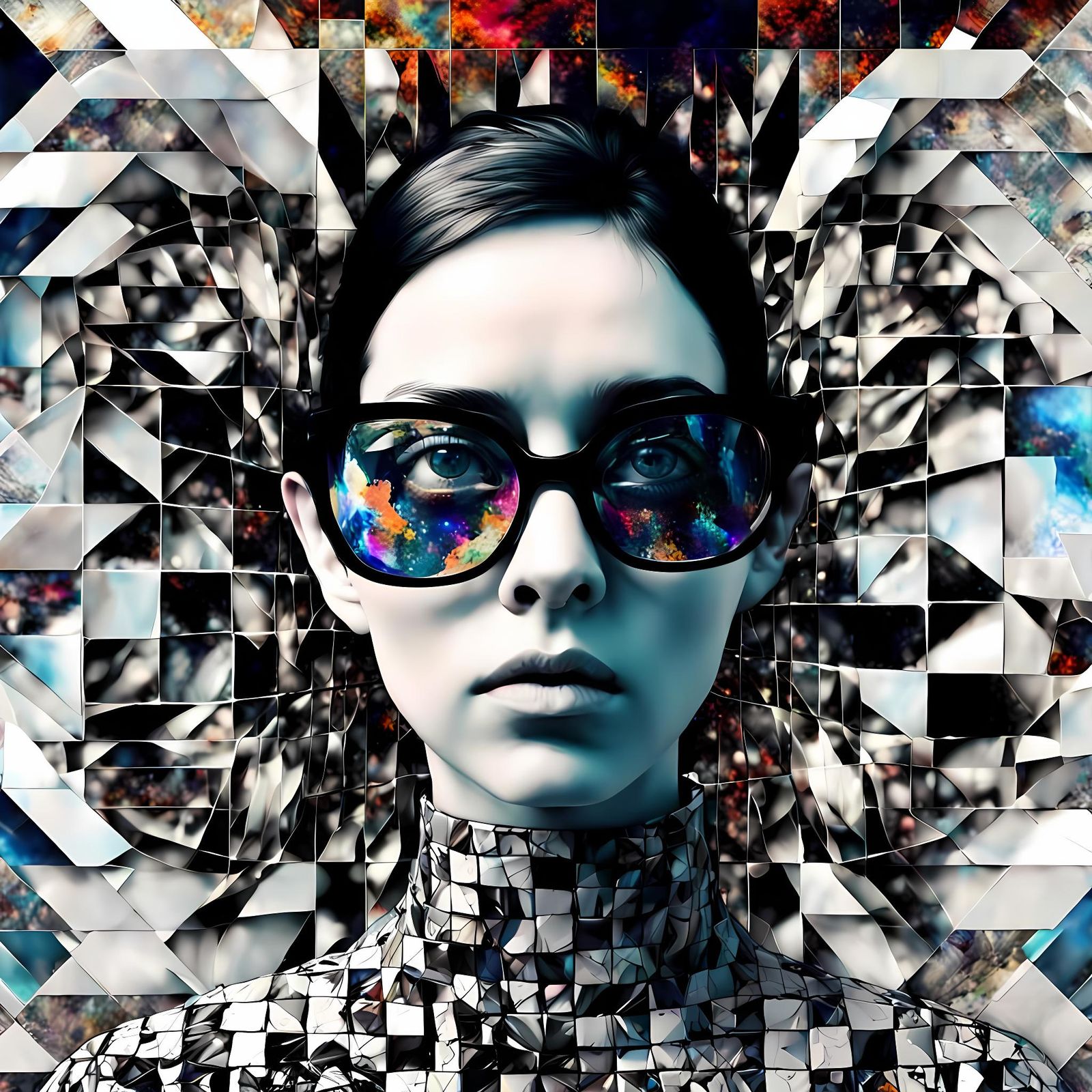 Fractal Glitchcore Portrait in Mixed Media Collage