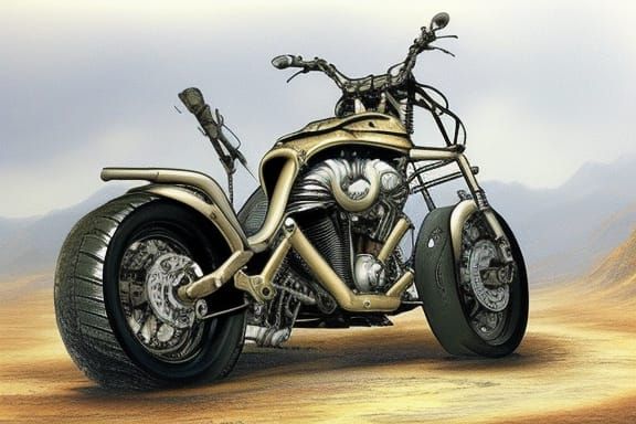 Mad Max Motorcycle in Fantasy Landscape, Luis Royo Style