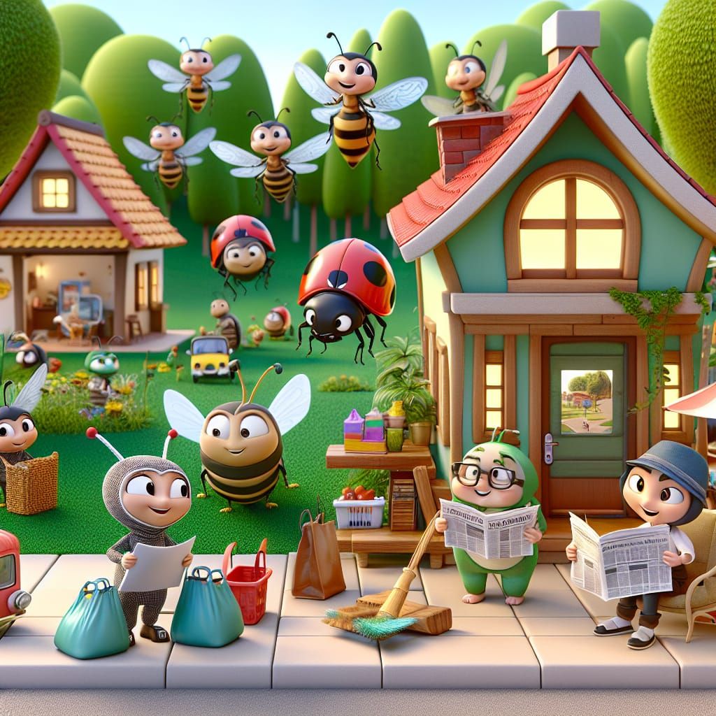 Disney Pixar style 3D adorable insects, in a little village of cute insect homes, doing everyday chores, village backgro...