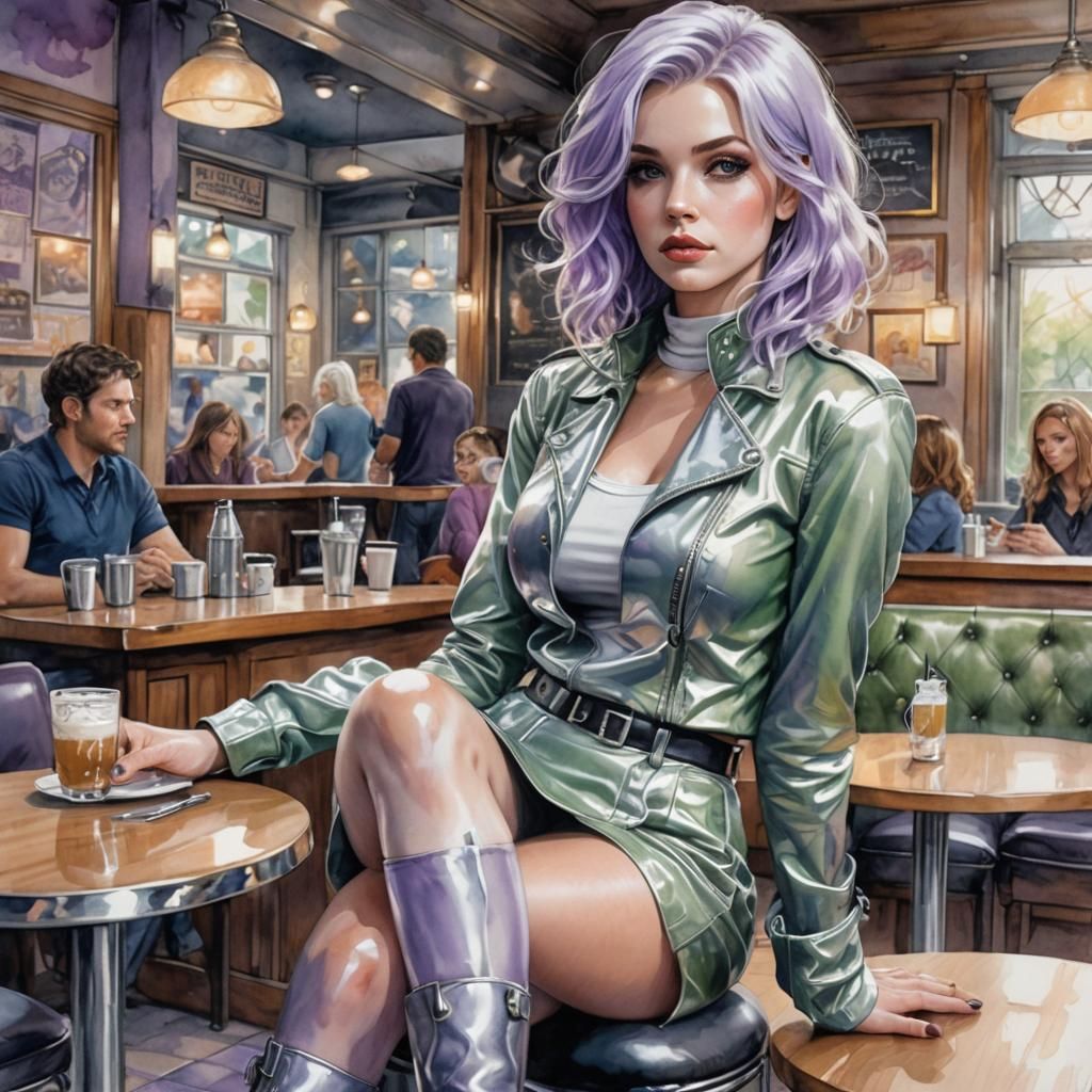 Fantasy Comic Art: Woman with Purple Hair in Cafe