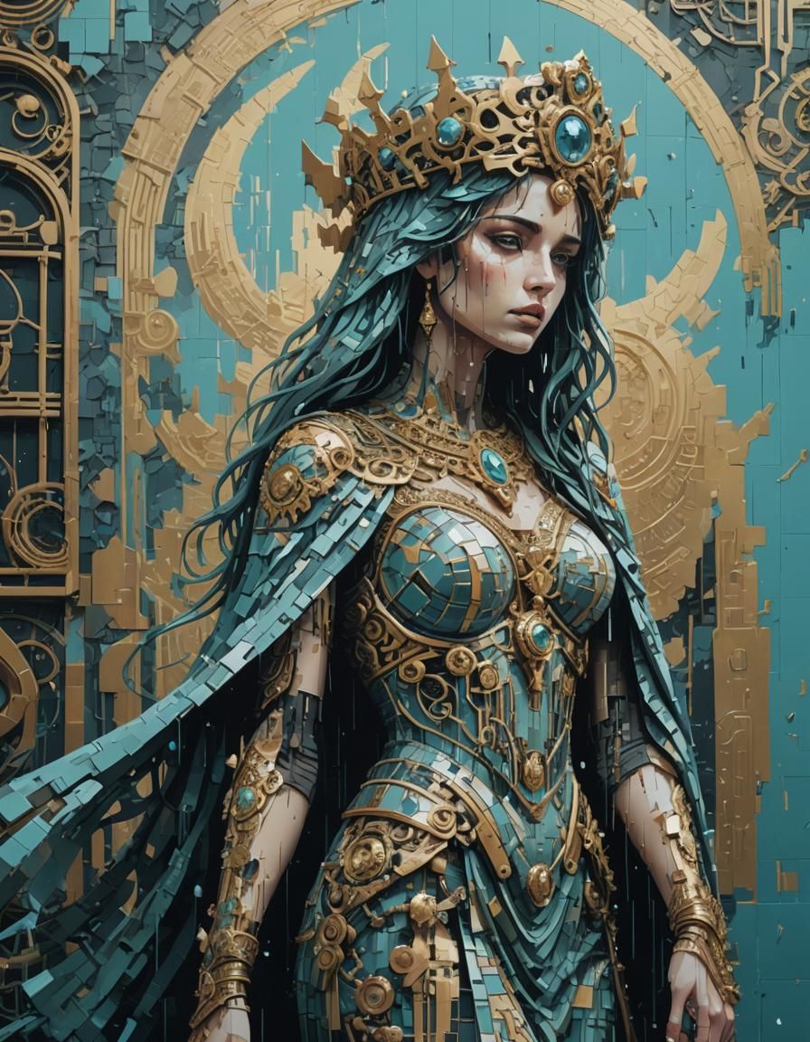 Melancholic Woman Dissolving in Byzantine Pixel Art