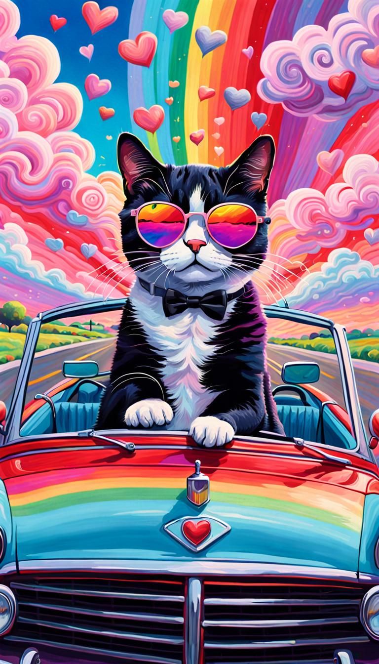Cat Drives Rainbow Road in Expressionist Style
