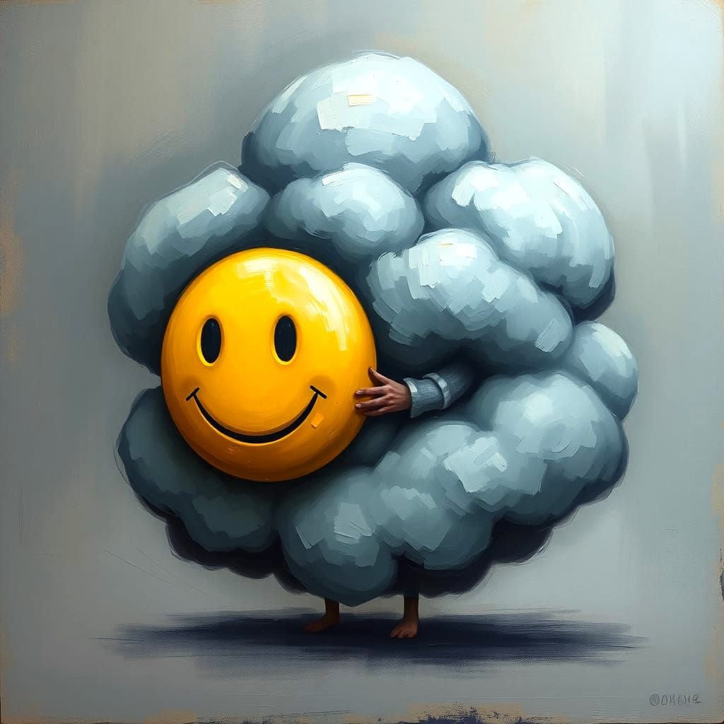 Sad Character Hides Face Behind Smiley Emoji, Painterly Styl...