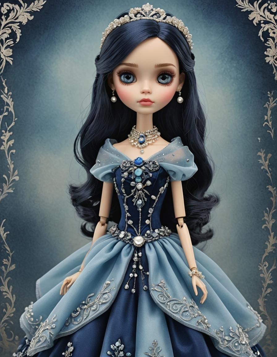lifelike Blythe doll wearing a navy and light blue ball gown...