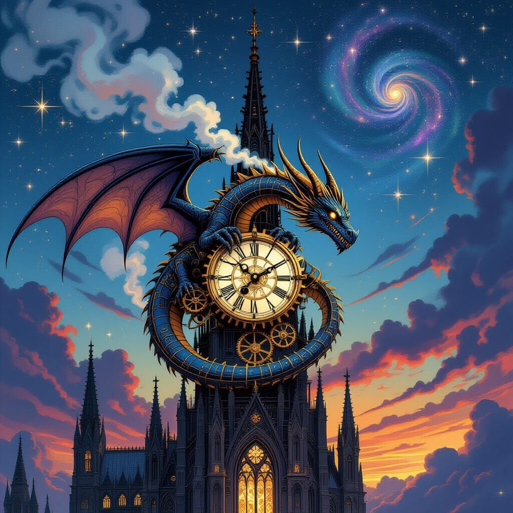 Clockwork Dragon Coiled Around Gothic Spire