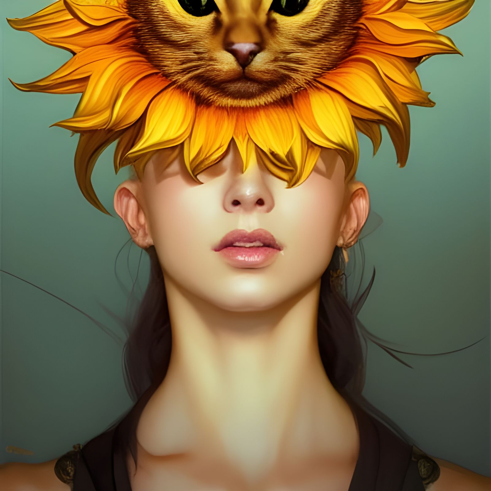Sunflower Cat Portrait in Hyperdetailed Style