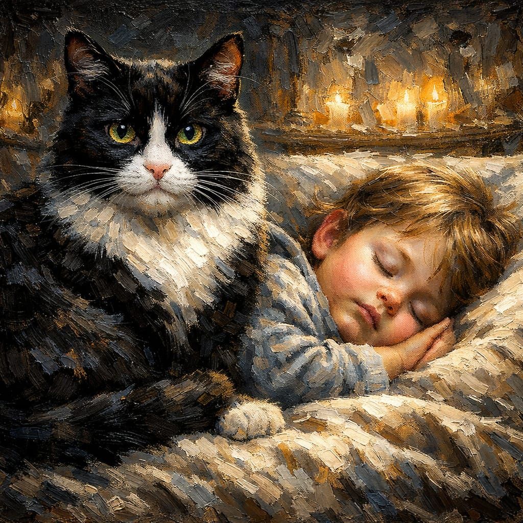 Black and White Cat Guards Sleeping Child in Painterly Reali...