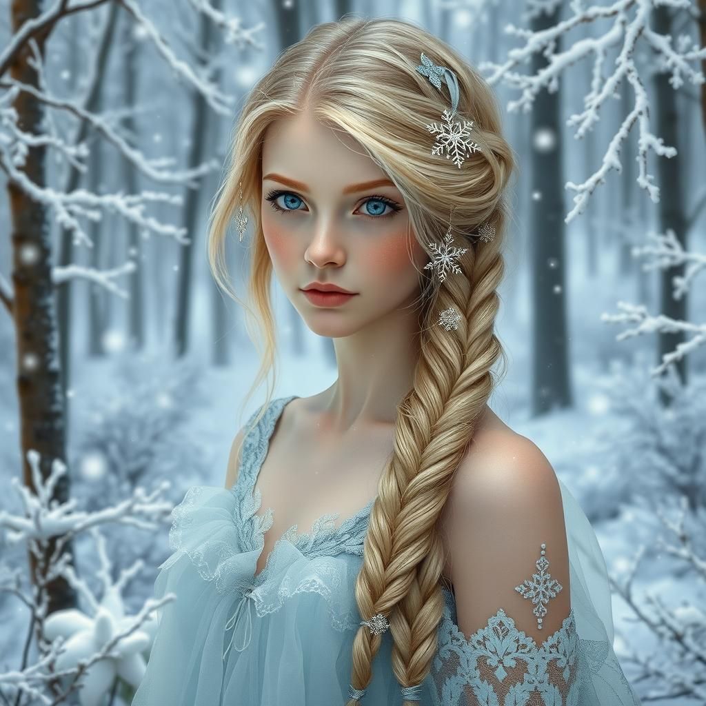 Snowflake Woman in Winter Forest, Ethereal Illustration