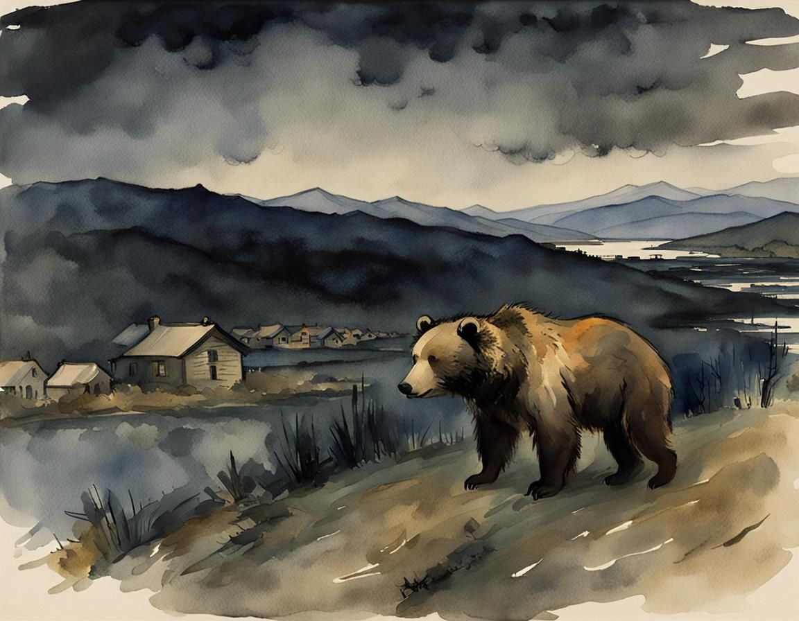 Kodiak Bear Visits Village in Tonalist Painting