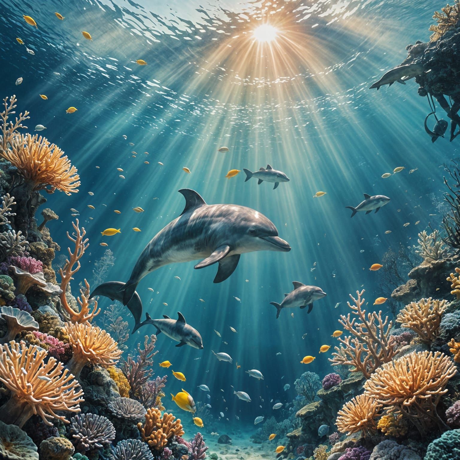 Playful Dolphin and Diver in Coral Reef