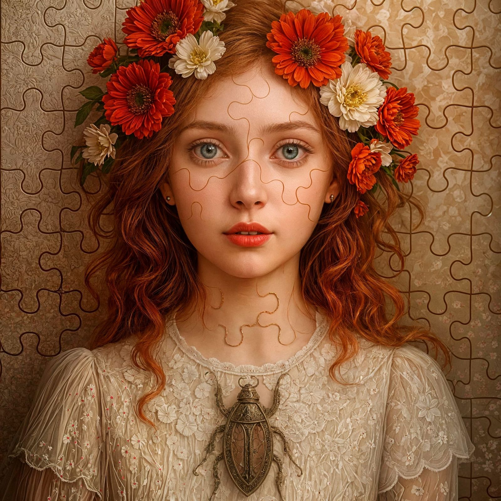 Surreal Jigsaw Portrait of Woman with Red Hair