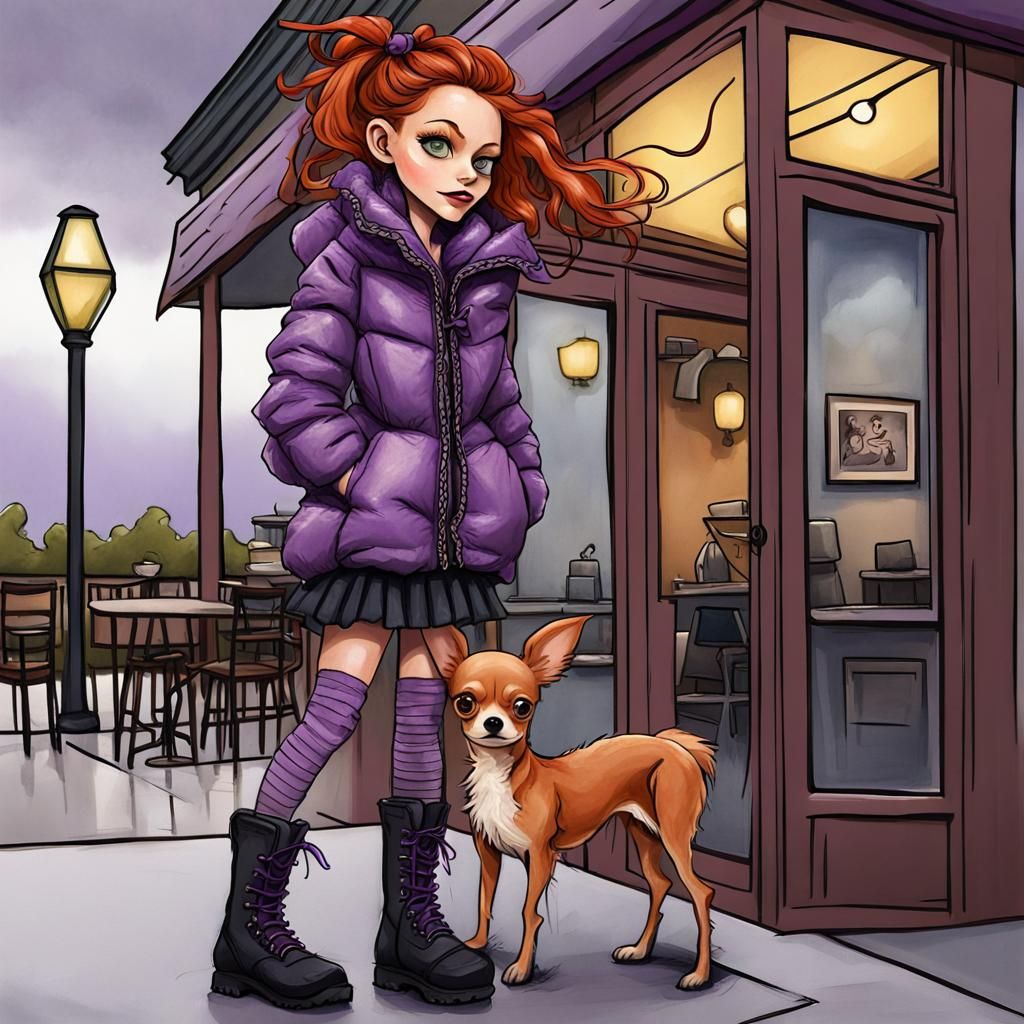 Redhead Girl Caricature with Chihuahua, Comic Book Art