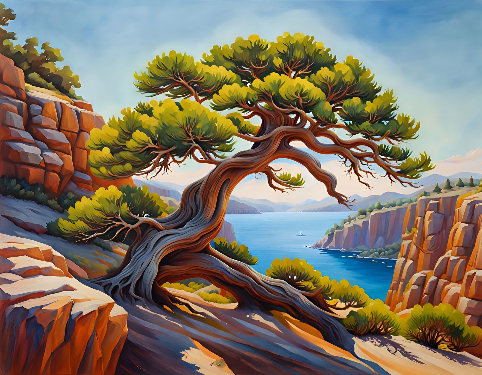 Juniper Tree Spanning Rocky Gorge in Gouache Style