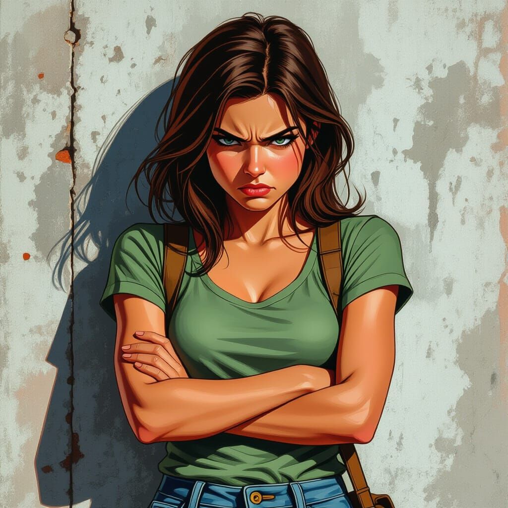 Angry Girl Leaning on Wall in Comic Book Style