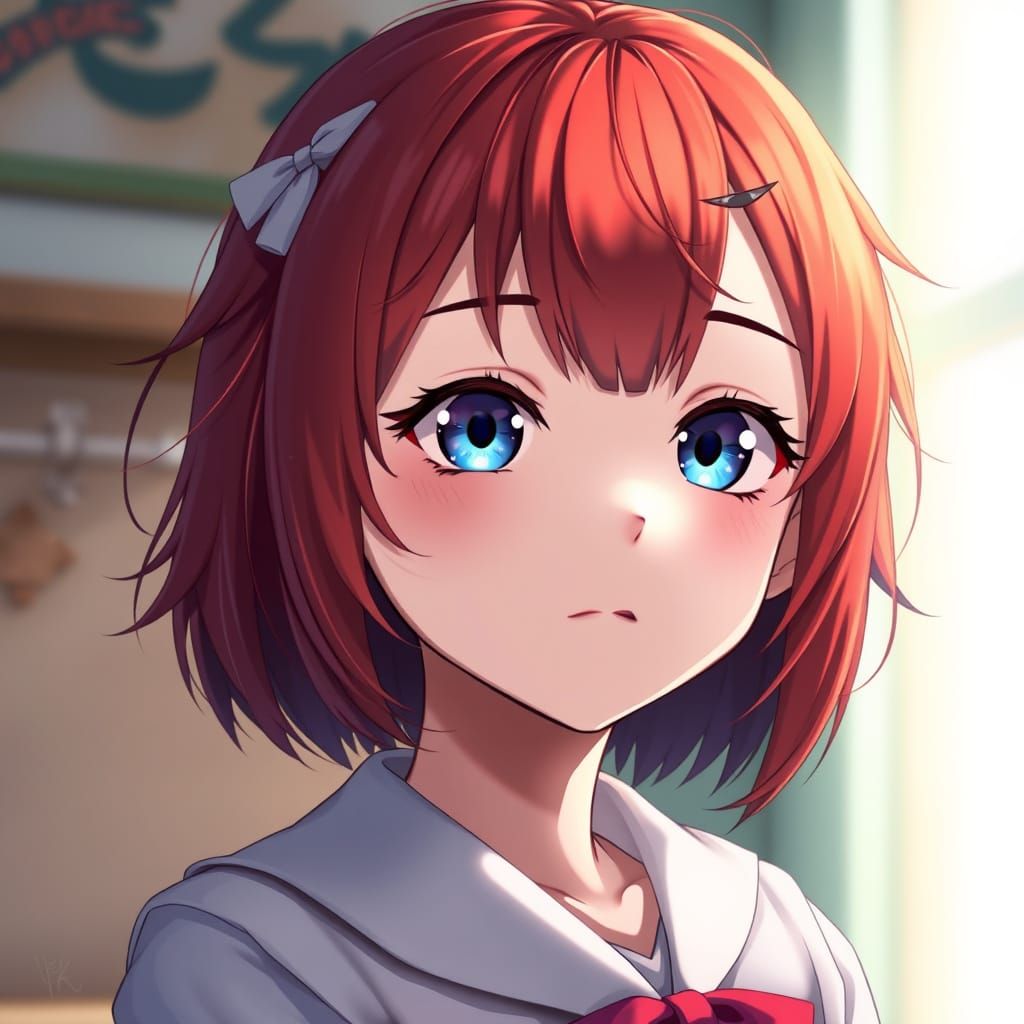 Anime-Inspired Portrait of a Young Girl with Vibrant Red-Bro...