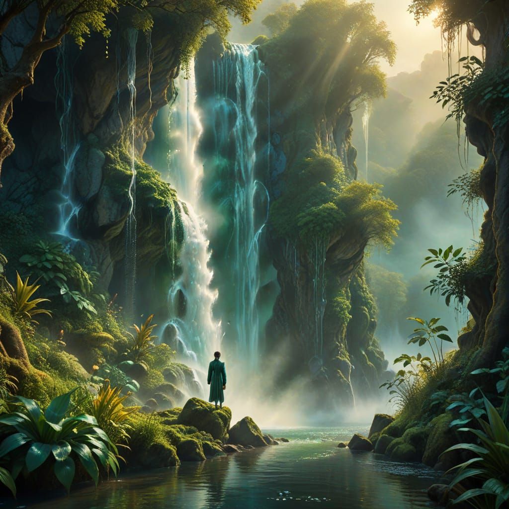 Surrealist Dreamscapes: Mystical Waterfall Encounter