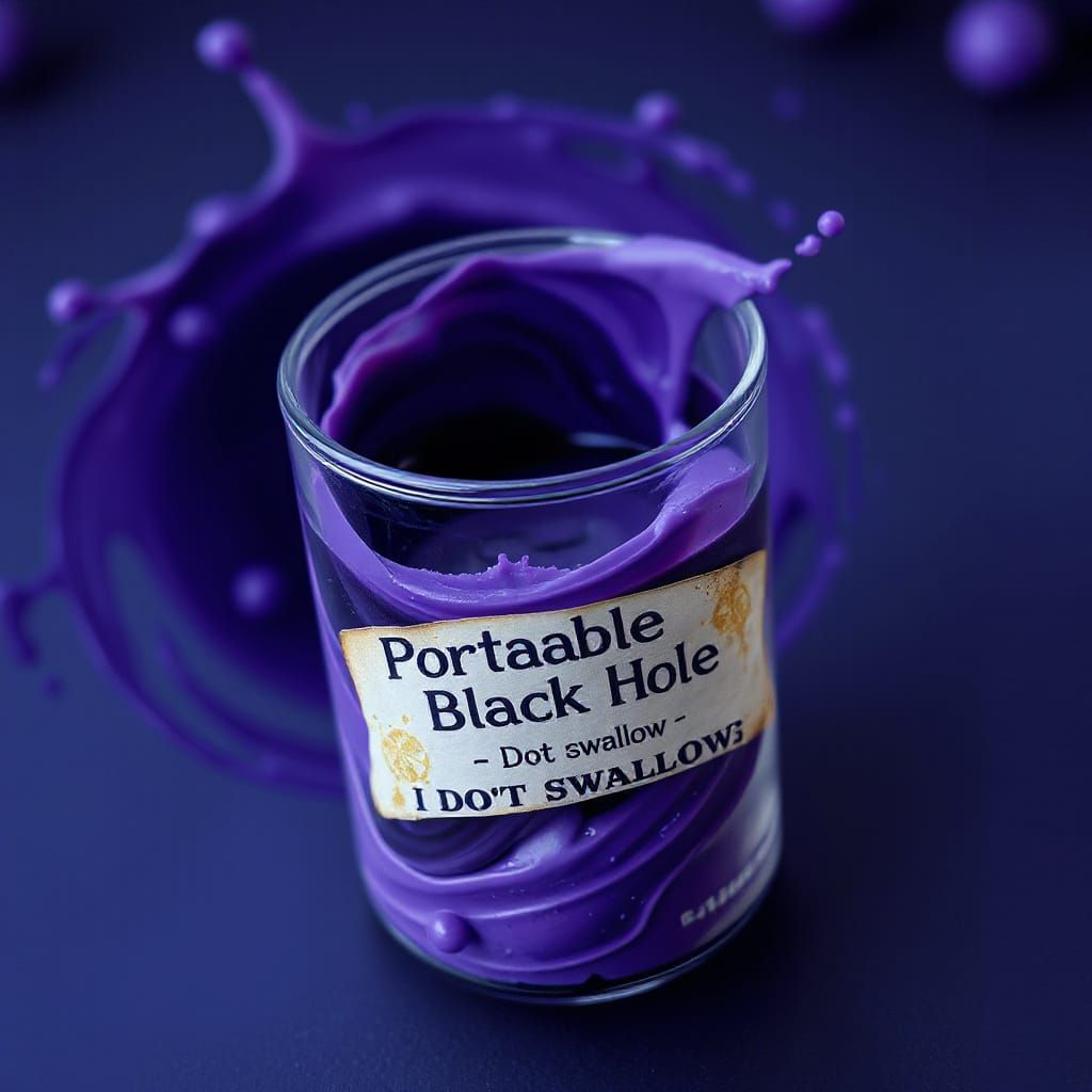 A glass vial filled with swirling purple liquid, labelled "P...