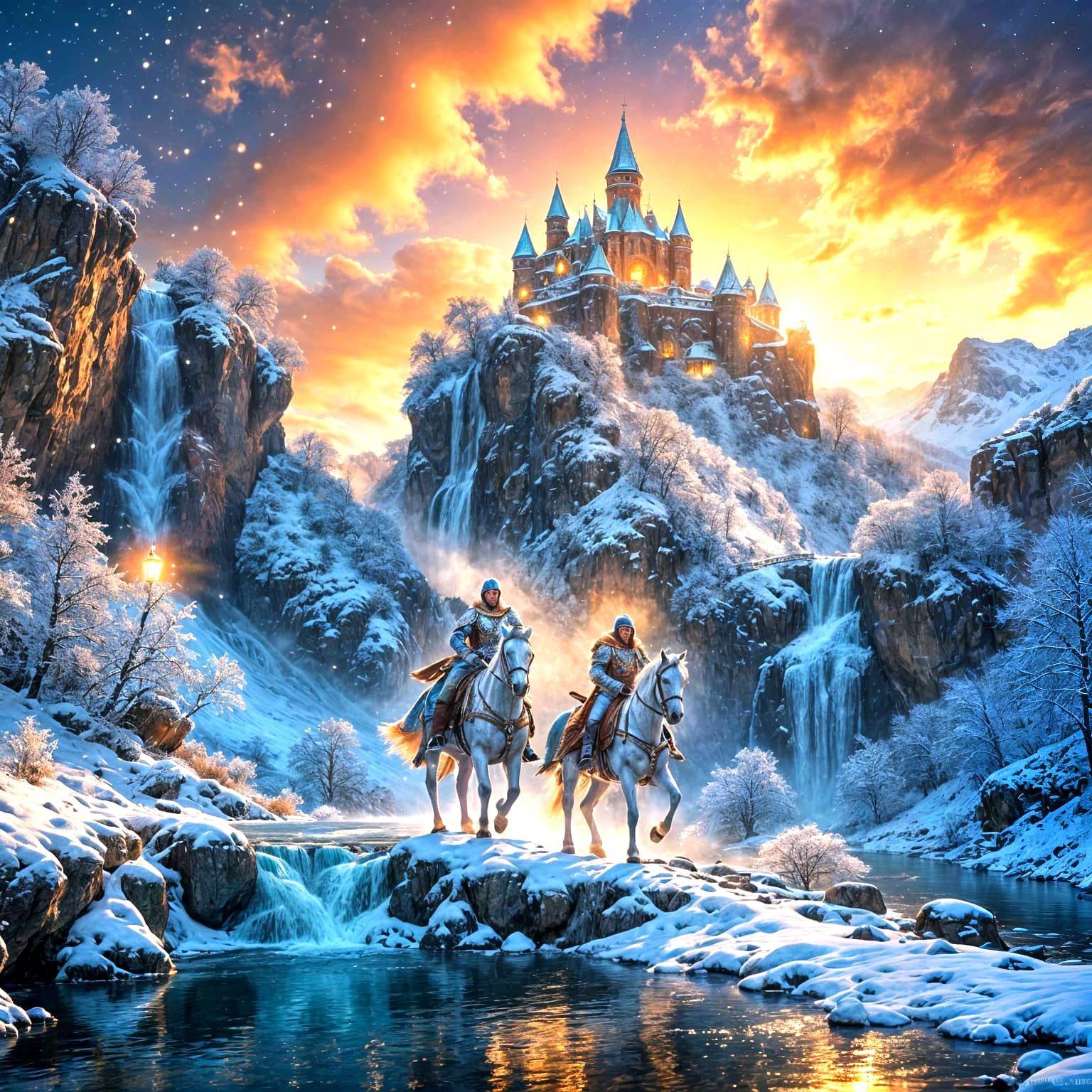 Halo-Lit Knight on Horseback in Vibrant Winter Wonderland
