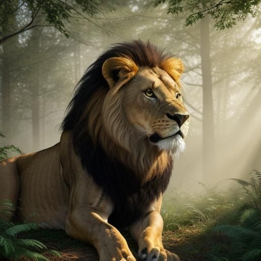 Hyperrealistic Lion in Majestic Forest