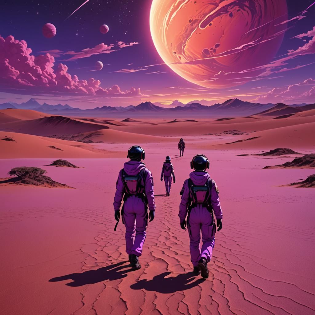 Anime Adventurers on Alien Planet with Crimson Sky