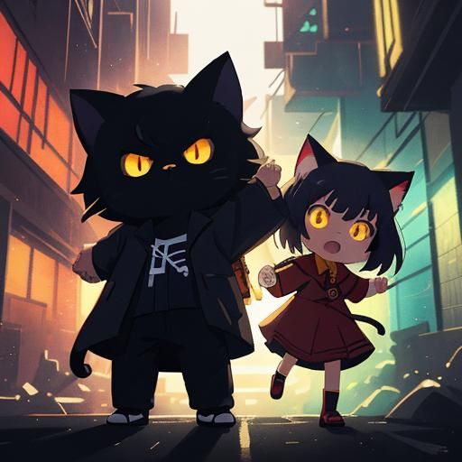 Rival Cat Clans Clash in Anime-Style Neon Alleyway