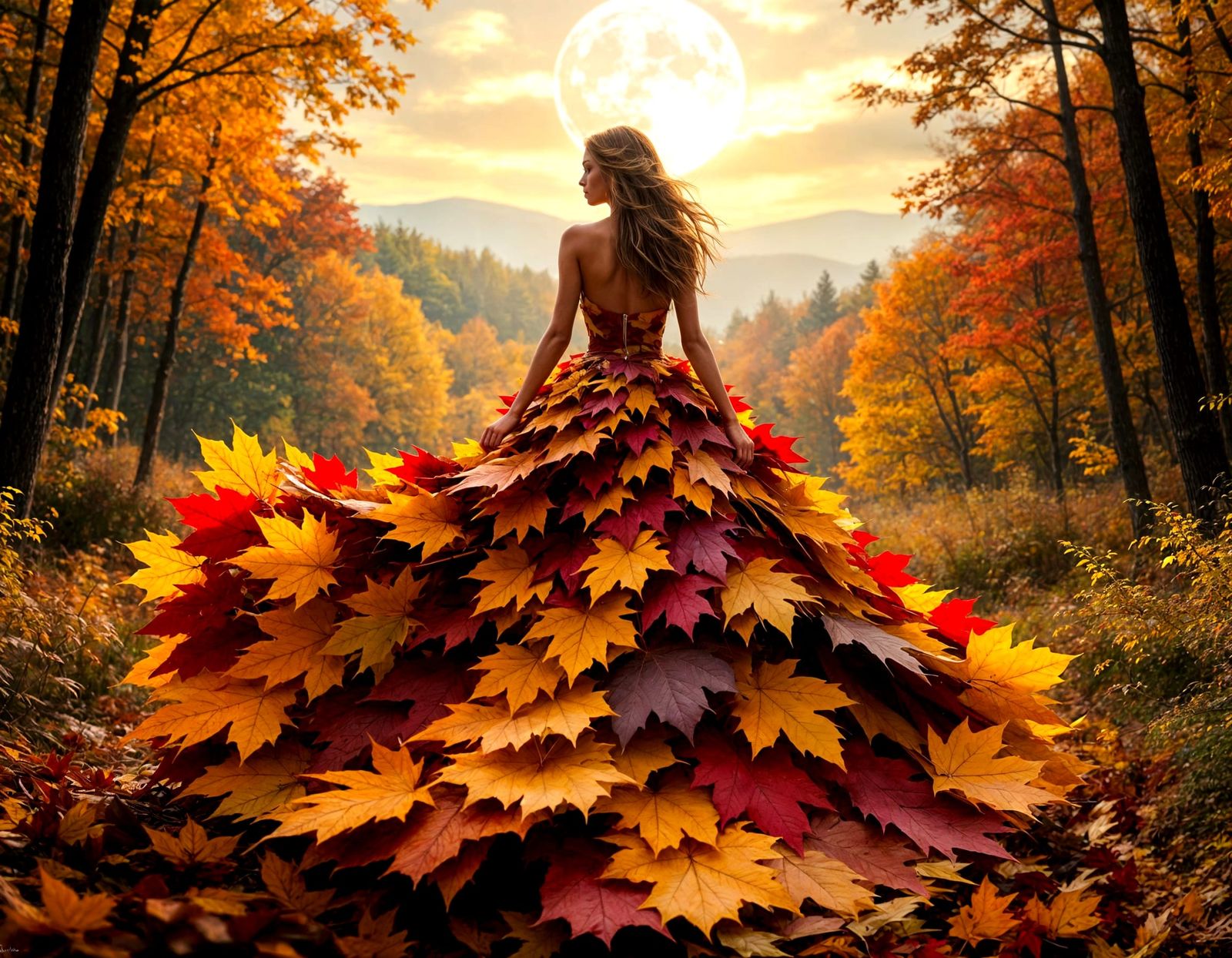 Autumn Leaves Form Woman in Swirling Dress