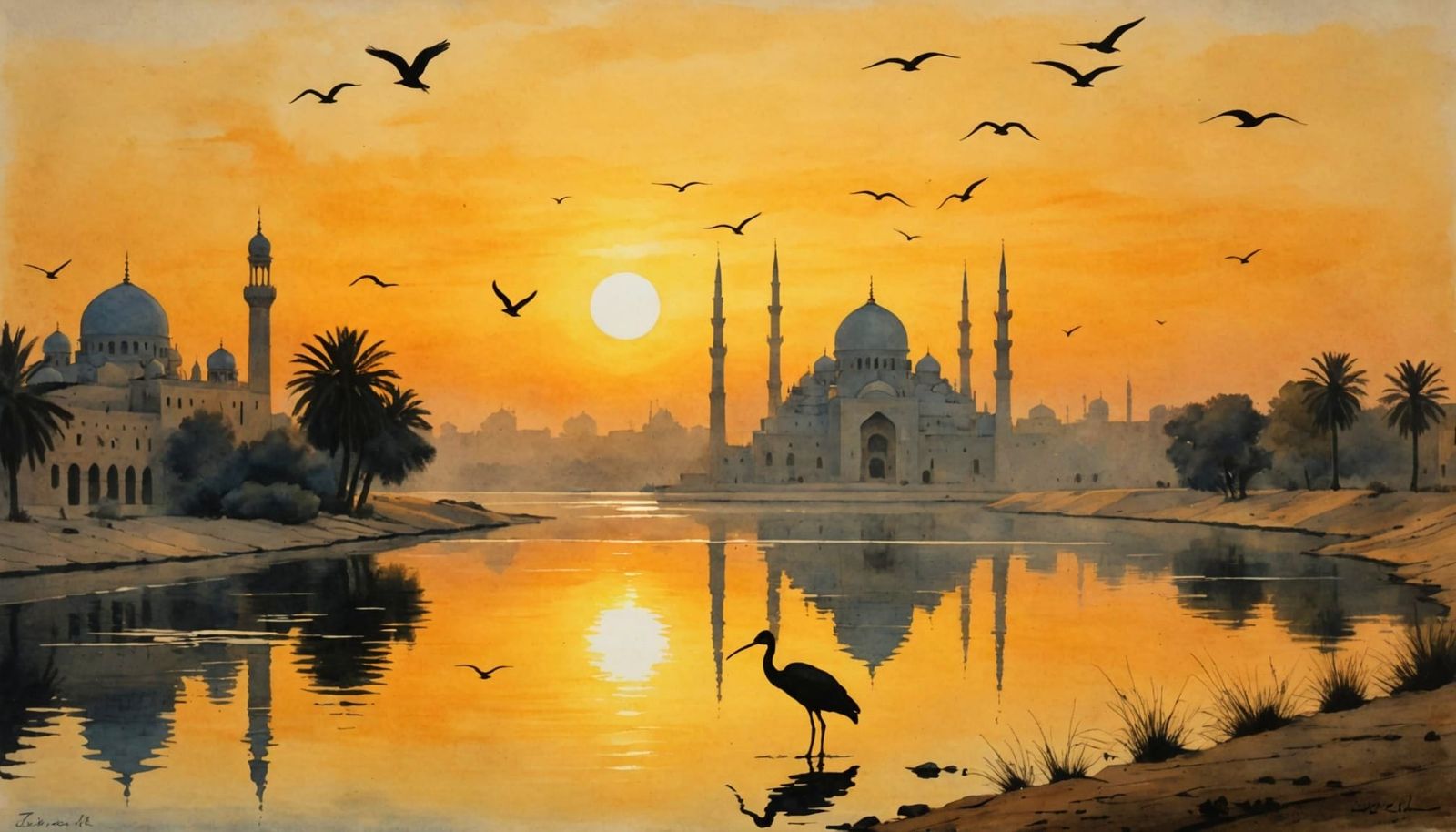 Sunrise River Scene with Ibis and Mosque in Yellow Hues