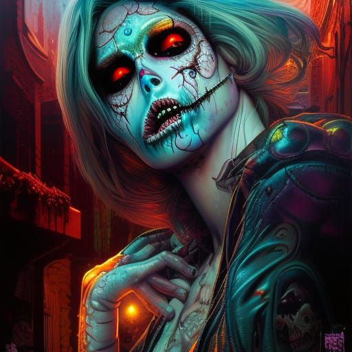 Steampunk Zombie Slurping Brain: Comic Book Art