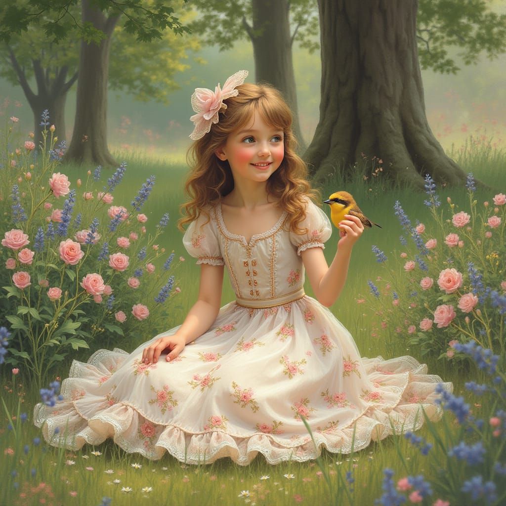 Delicate European Girl in Spring Dress Smiles to Bird in Gar...
