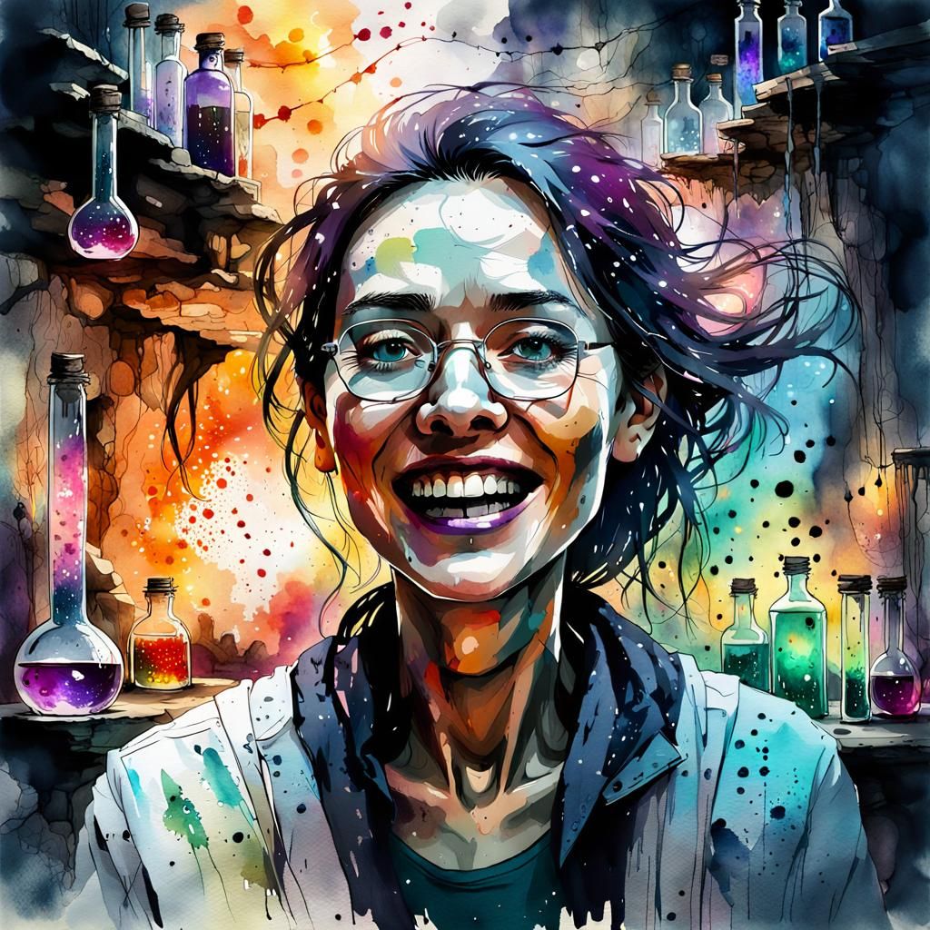 Laughing Mad Woman Scientist in Dark Lab