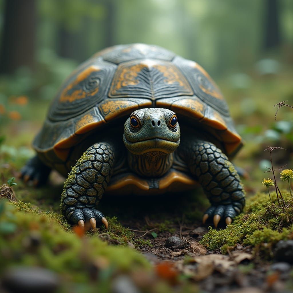 Turtle Walks Forest Floor, Painterly Style