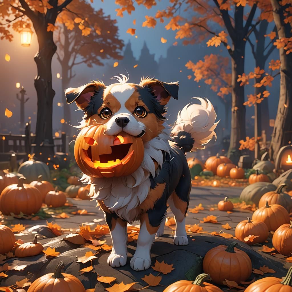 Dog Emerges from Pumpkin: 3D Anime Concept