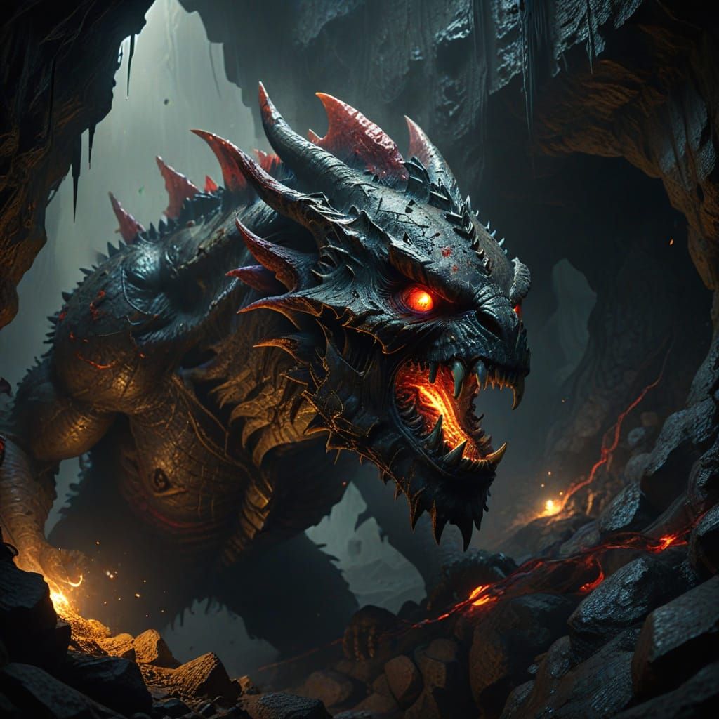 Monstrous Roar in Dark Cave: Surreal Digital Art