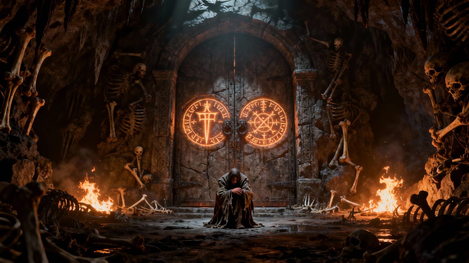 Diablo IV Style Cavern with Bone Walls and Glowing Runes