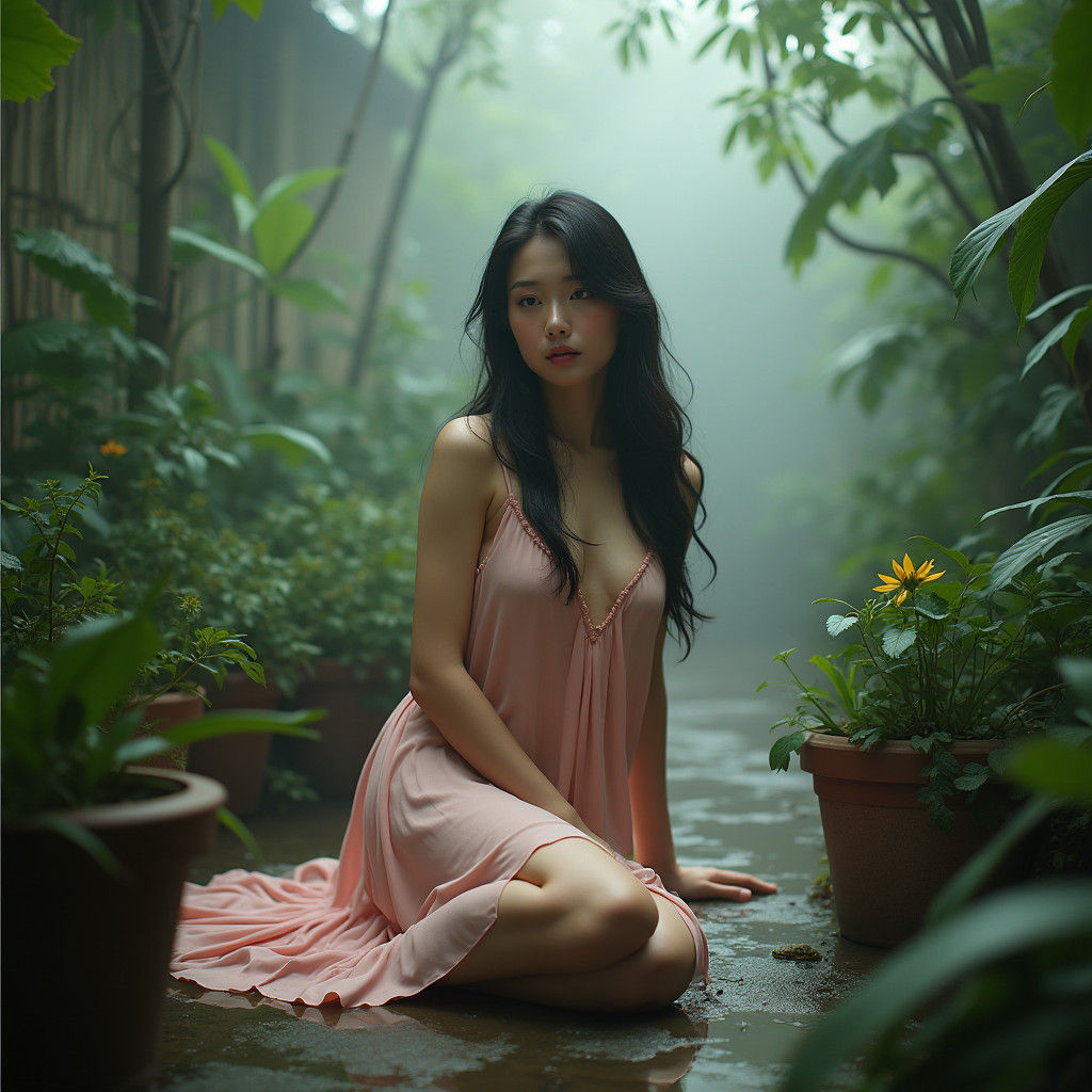 Vietnamese Woman in Misty Garden, Dreamy Analog Film