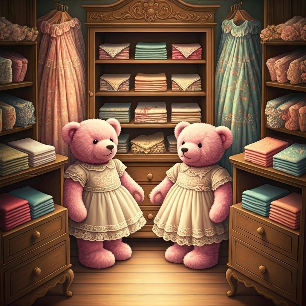 Pink Teddy Bears in Antique Shop, Digital Art