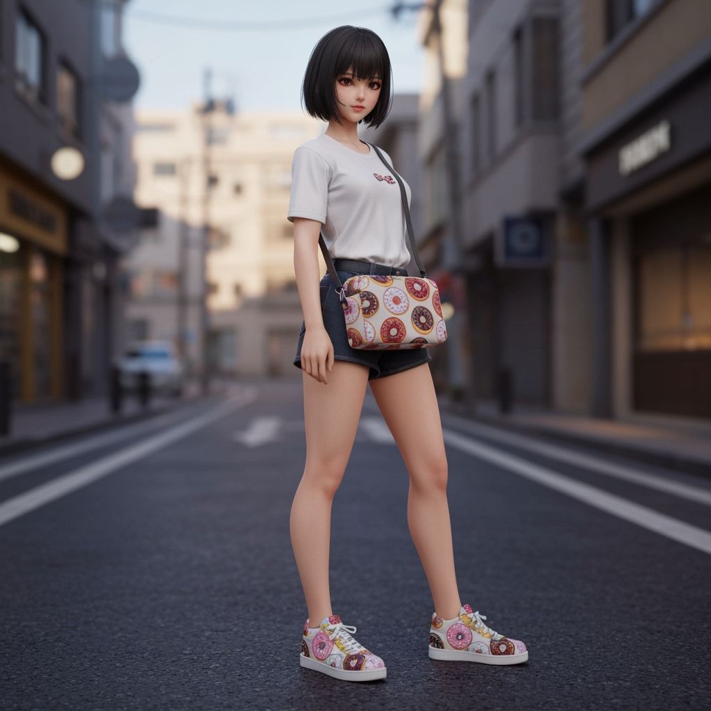 Woman with Donut Sneakers and Bag in 3D Anime Style