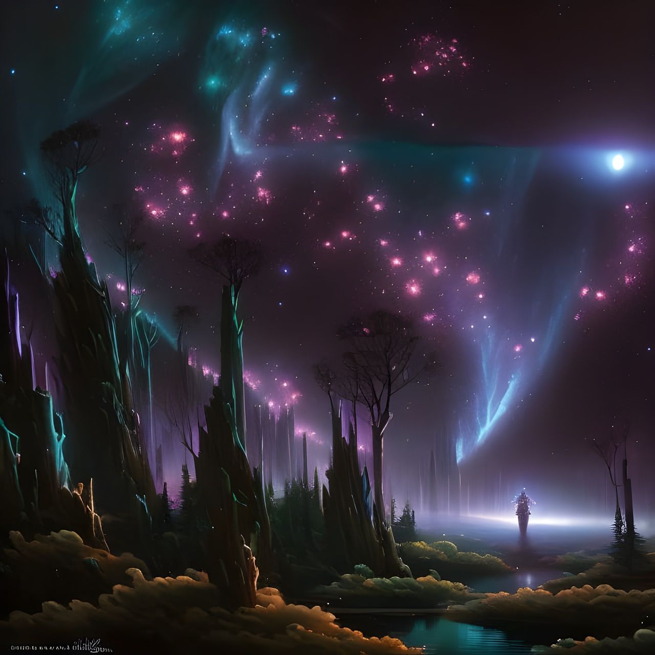 Psychedelic Forest Landscape with Glowing Lake and Sprites