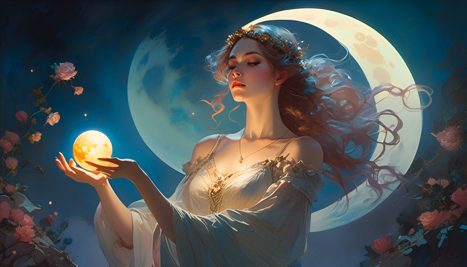Moon Goddess with Orb in Watercolor Style
