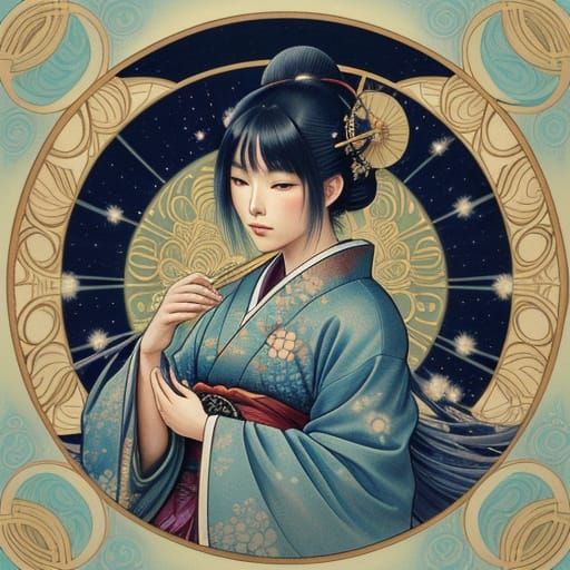 Ethereal Geisha Goddess in Cosmic Starry Fur, Dreamlike Japa...