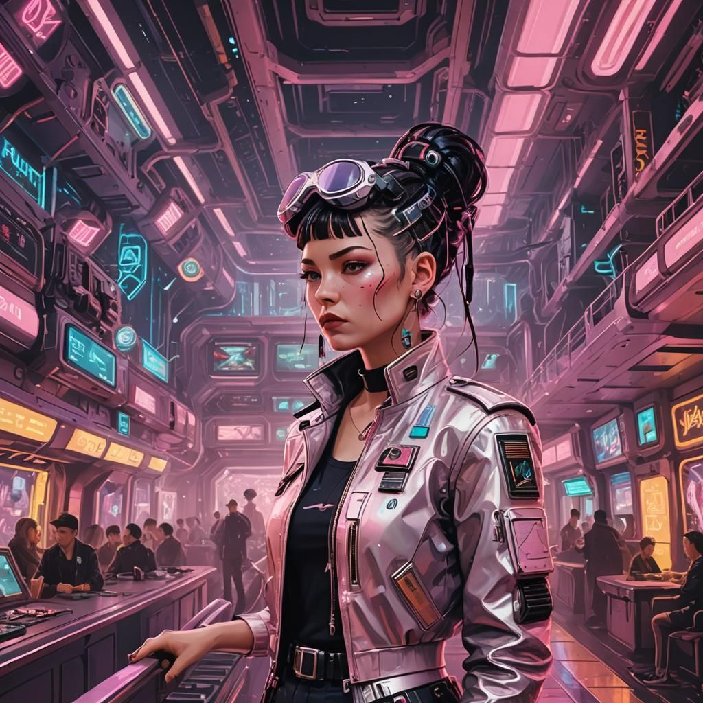 Cyberpunk Woman in Maximalist Cruise Ship Style