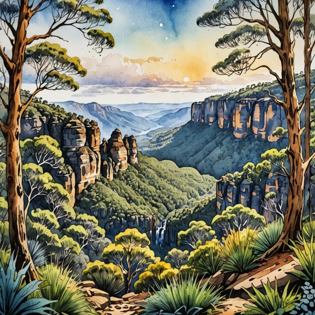 Australian Blue Mountains Landscape in Watercolor