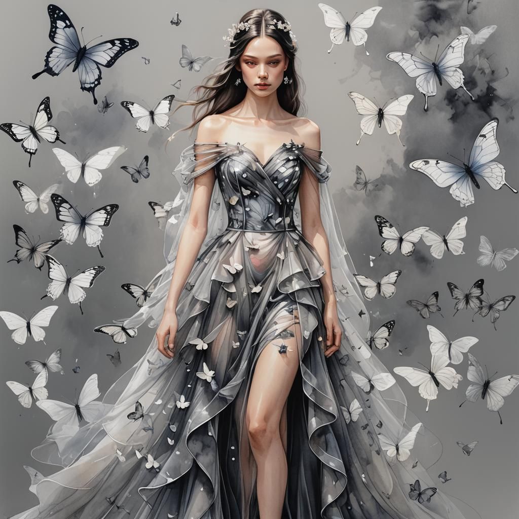 Watercolor Butterfly Wing Dress with Mesh Train
