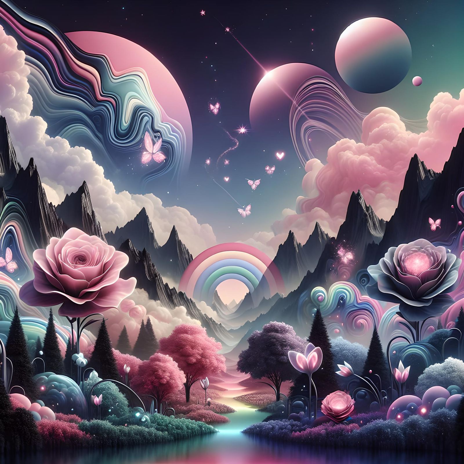 Mystical Pastel Garden with Rainbow, Dreamlike Scene