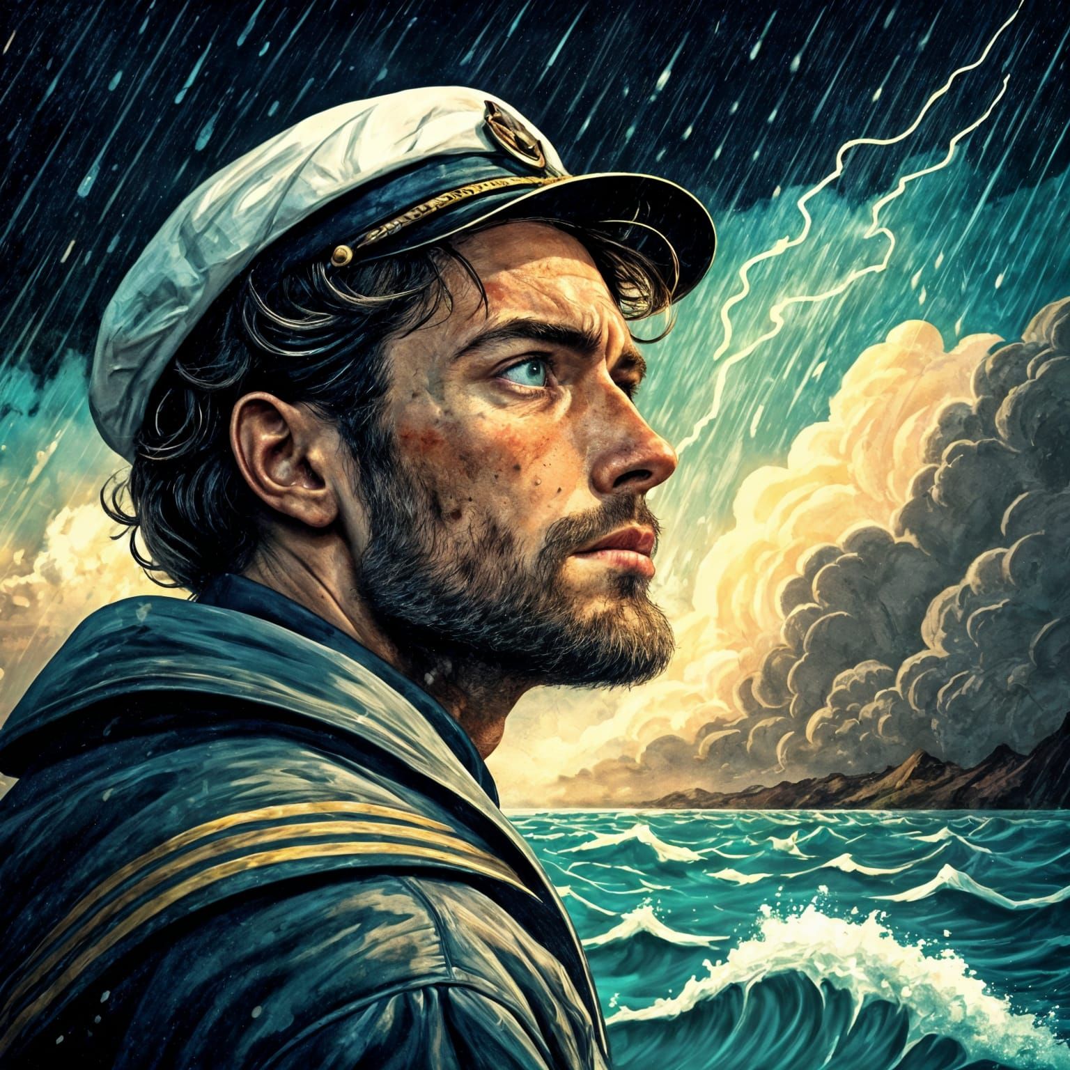 Rugged Sailor's Portrait in Turbulent Stormy Seas