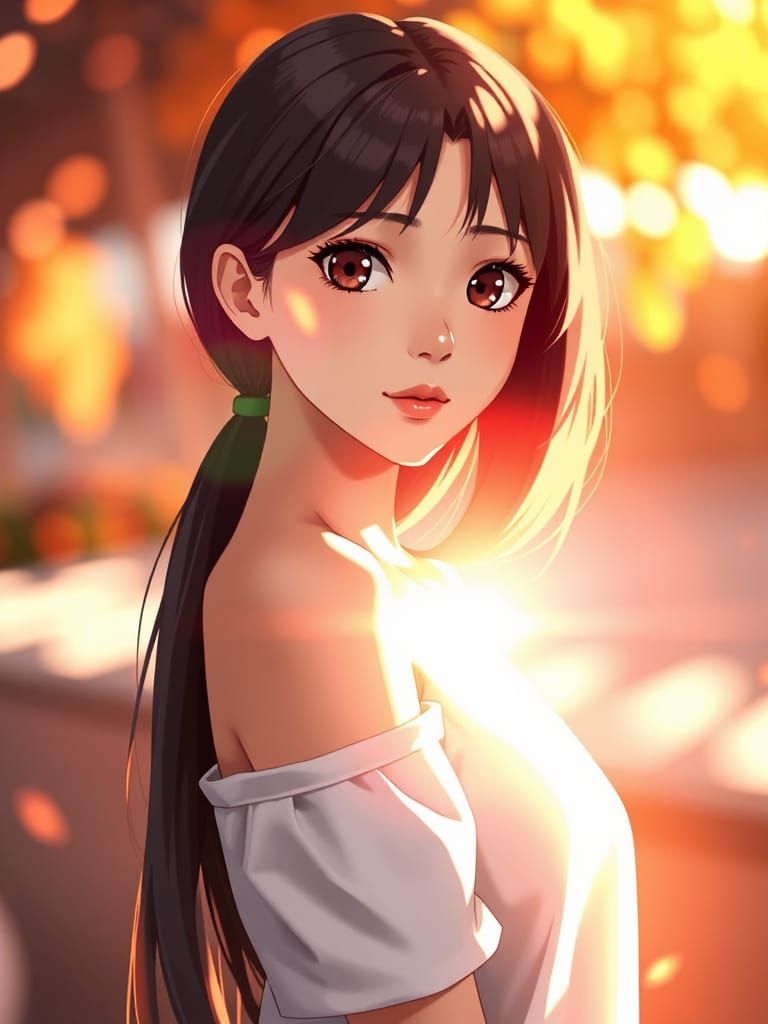 Beautiful Young Woman in Summertime Sunshine Rays Digital Il...