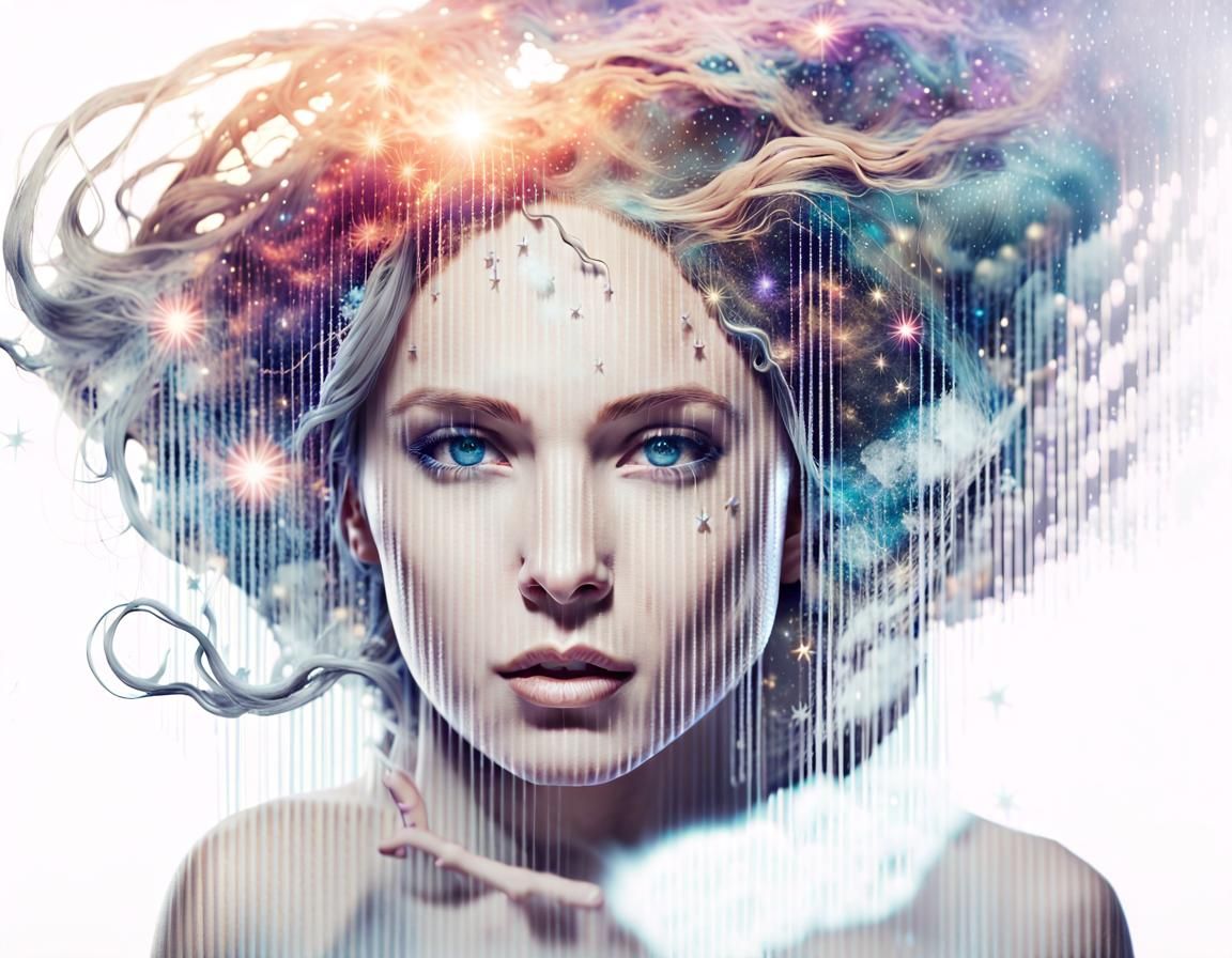 Surreal Double Exposure Portrait of Woman with Galaxy Eyes