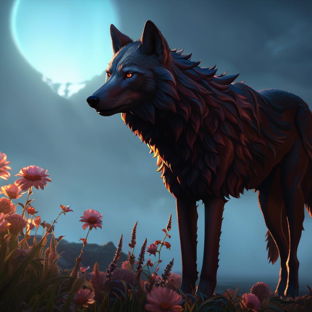 Wolf with Flowers at Sunset: Fantasy Art