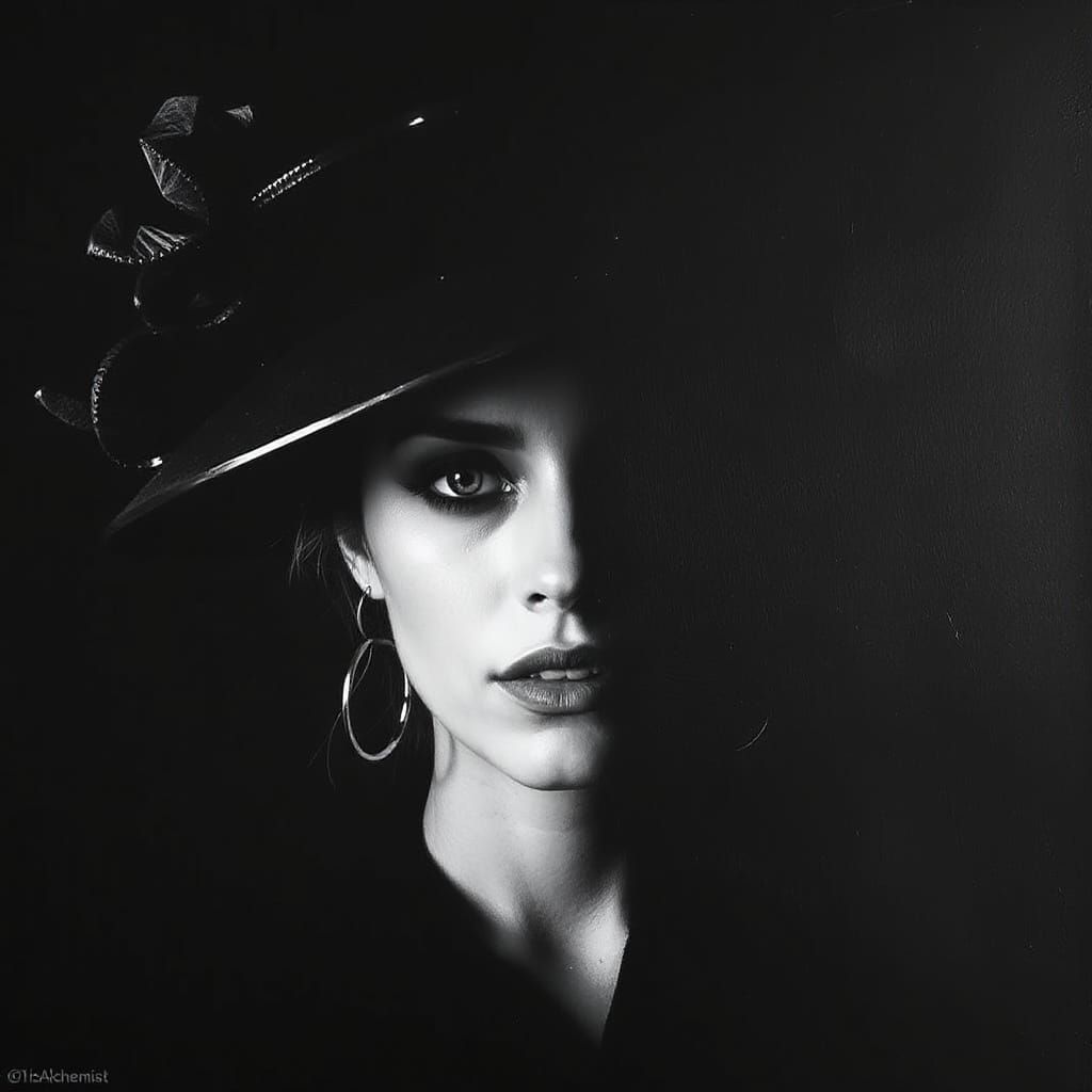 Striking Black and White Portrait of Woman with Artistic Hat